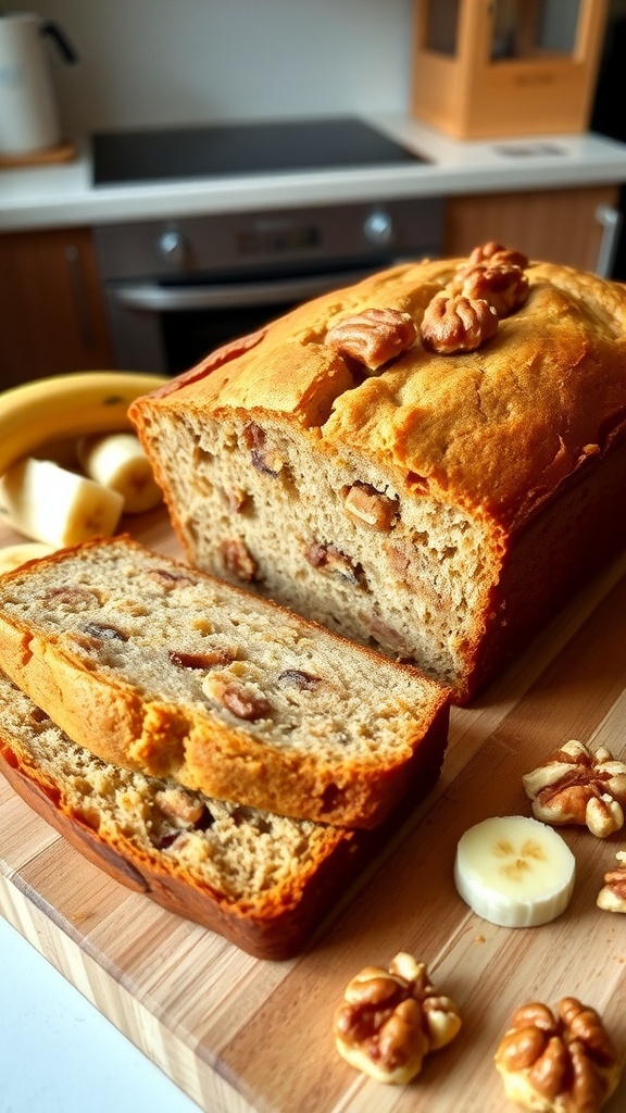 A loaf of vegan banana bread sliced on a cutting board with banana slices and walnuts.